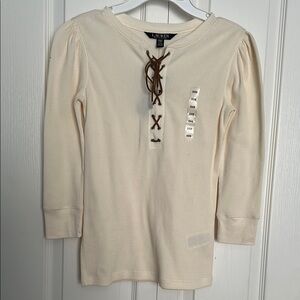 Ralph Lauren Cream Long Sleeve Tee with Lace-Up V-Neck